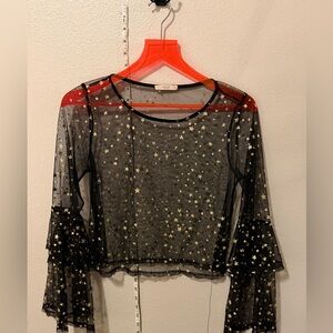 Le Lis Black Sheer Mesh Star Print Top Size Small